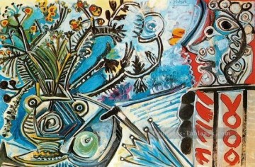 Fleurs et buste d’homme au parapluie 1968 Cubisme Peinture à l'huile
